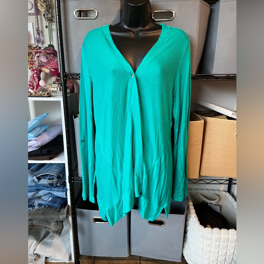 LOGO by Lori Goldstein Teal V-Neck Lightweight Cardigan